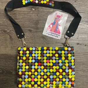 Yellow and Blue Beaded Shoulder Bag with Adjustable Strap
